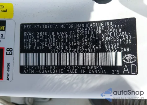 2011 Toyota Corolla Le from USA, damaged, VIN 2T1BU4EE5BC587944